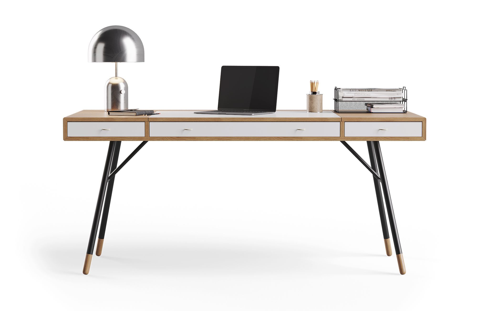 360 Degree View for a Desk with drawers, laptop, lamp, and office accessories