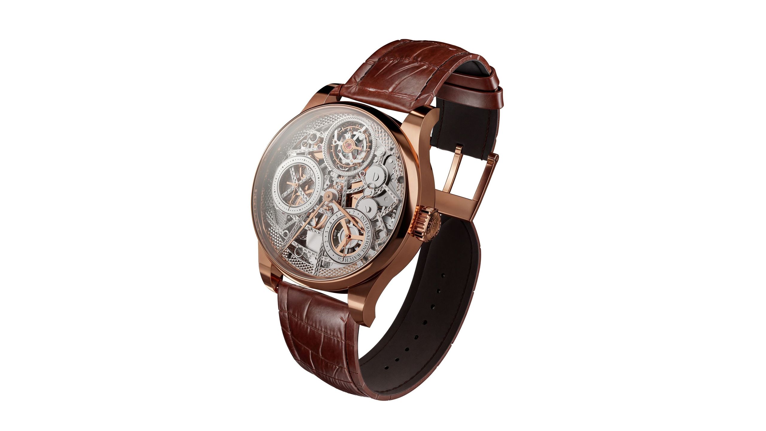 Product Rendering of a Luxury Skeleton Watch with Brown Leather Strap