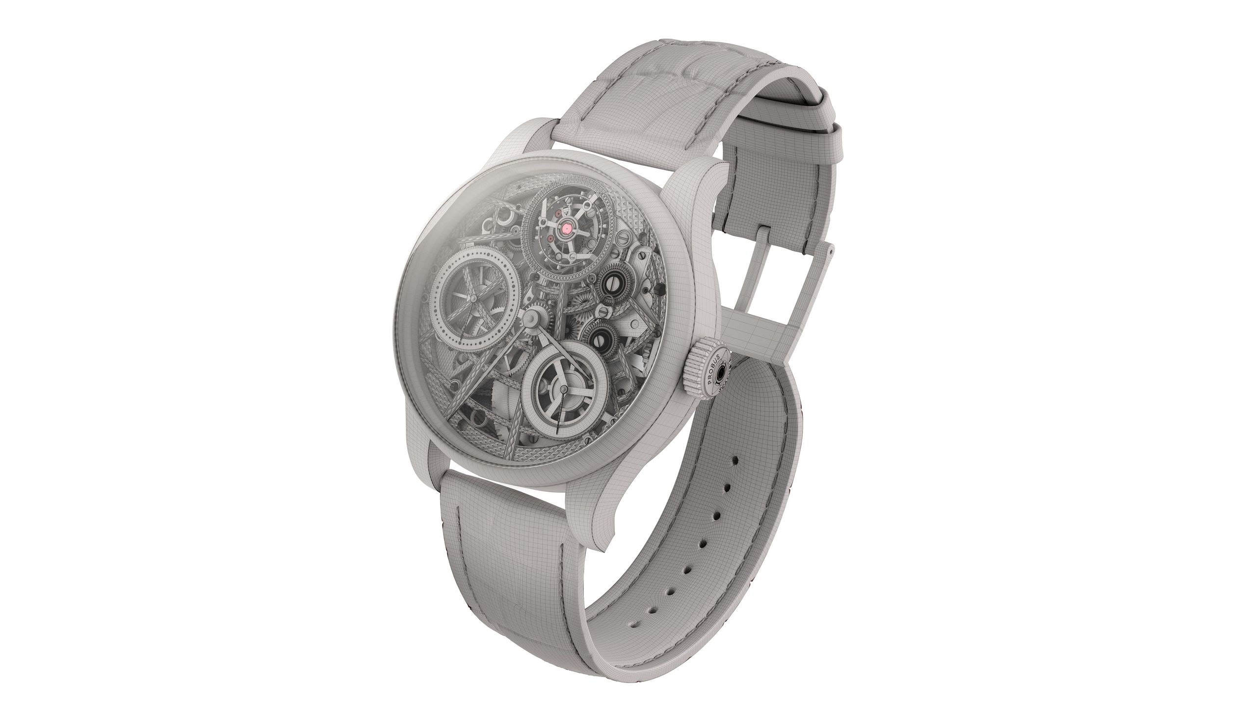 3D Rendering of a Skeleton Wristwatch in Grayscale Wireframe