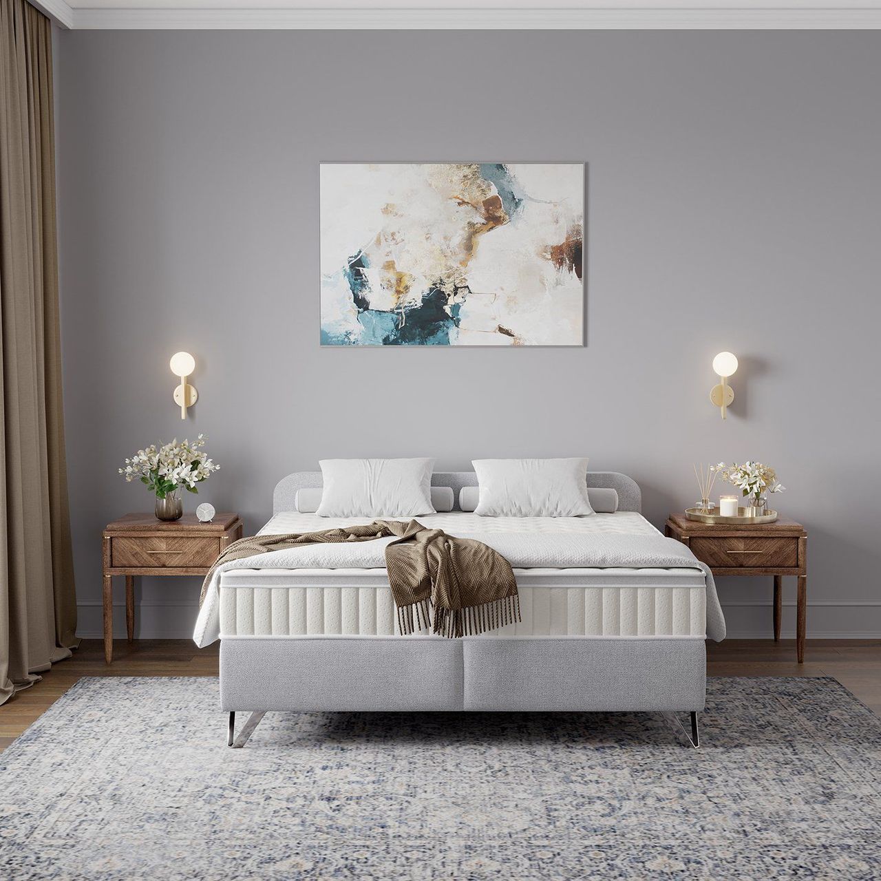 Realistic 3D interior visualization showcasing a trendy bedroom with realistic house fittings rendering, featuring a bed, nightstands, and decor elements.