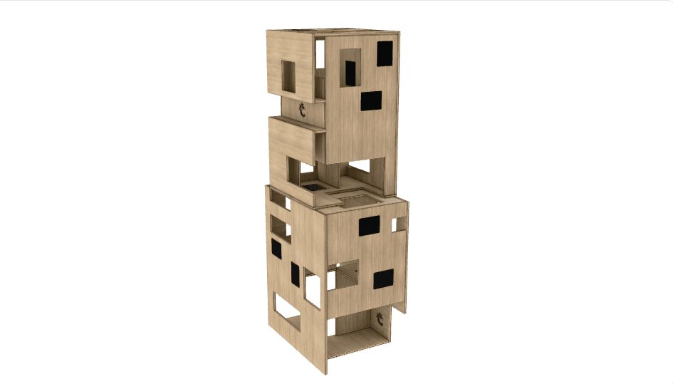 Preview image of an AR cat house model featuring multiple levels and cut-out entrances