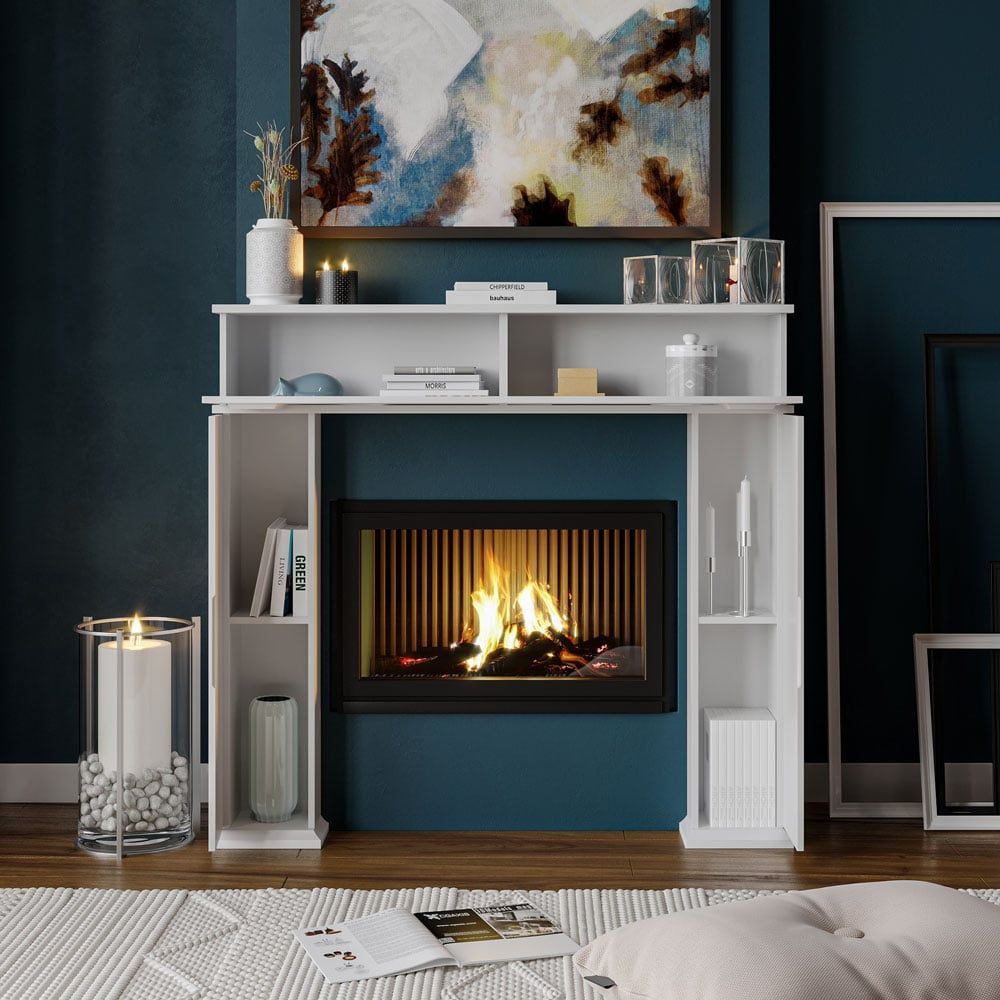 Realistic 3D rendering of a trendy fireplace with bespoke house fittings, showcasing realistic interior design and photorealistic visualization.