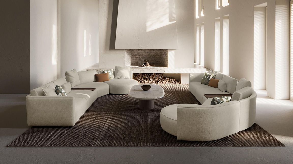 Realistic 3D rendering of a trendy living room featuring bespoke house fittings, showcasing realistic house fittings rendering and 3D interior visualization.