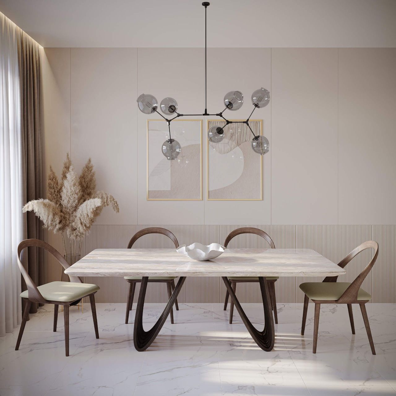 Top-notch 3D rendering of a trendy dining room showcasing bespoke furniture design, featuring a stylish table and chairs, highlighting 3D furniture modeling and visualization.