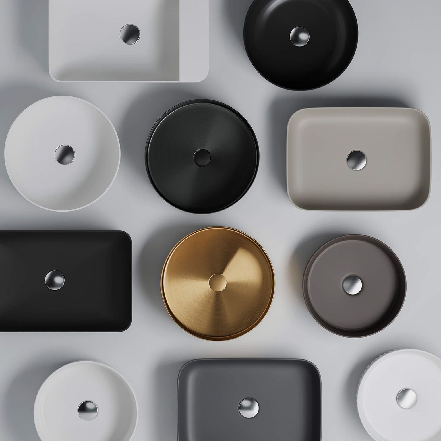 Top view of various stylish sink designs in a 3D product rendering, showcasing first-class visualization and photorealistic CGI.