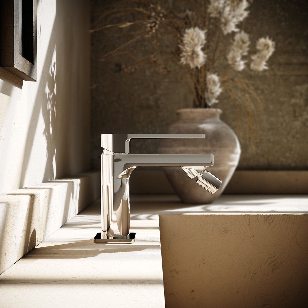 First-class 3D rendering of a stylish faucet, showcasing photorealistic visualization and digital product rendering in a lifestyle setting.