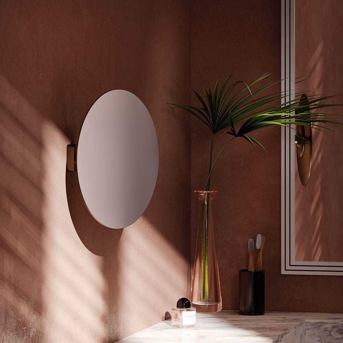 3D rendering of a trendy bathroom with a round mirror, showcasing photorealistic interior visualization and high-quality 3D modeling.