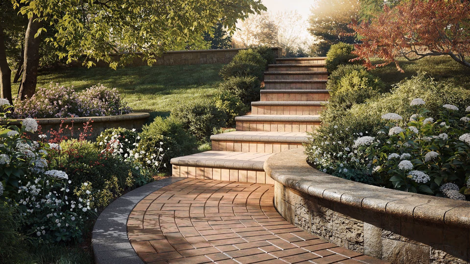 3D garden scene showcasing realistic rendering of a landscaped pathway with lush greenery and stone steps