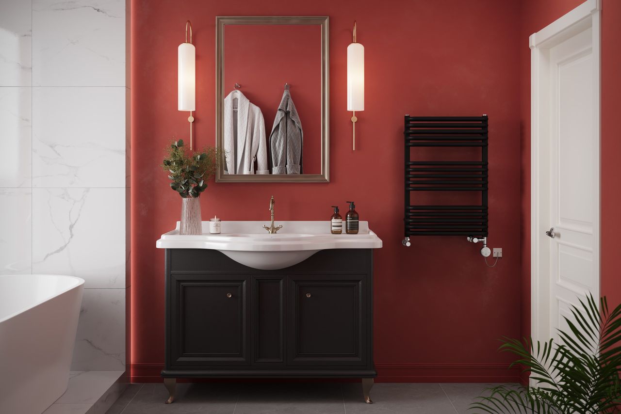 Black Radiator in a Stylish Red Bathroom