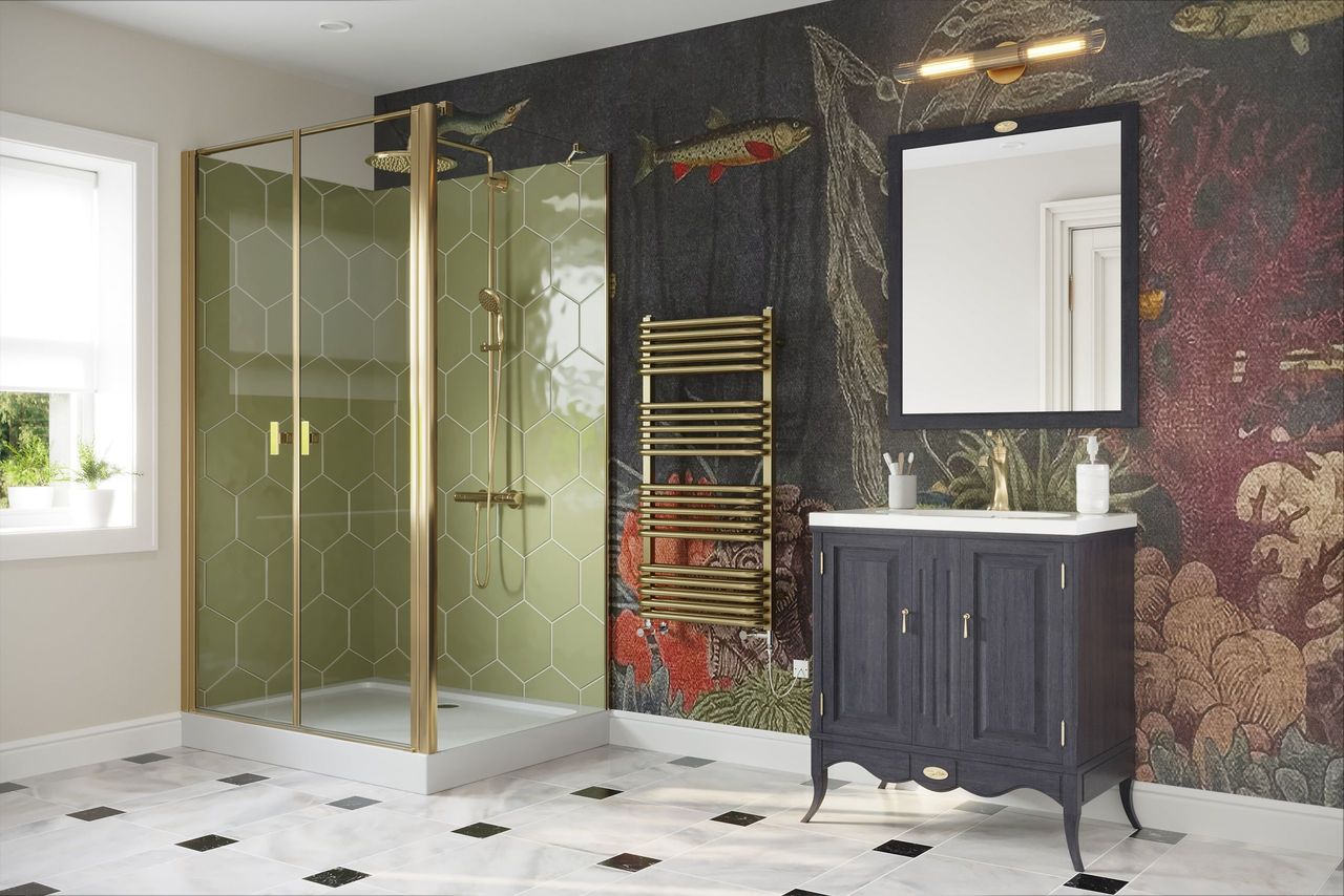 Brass Finish Radiator in a Bathroom 3D Visualization