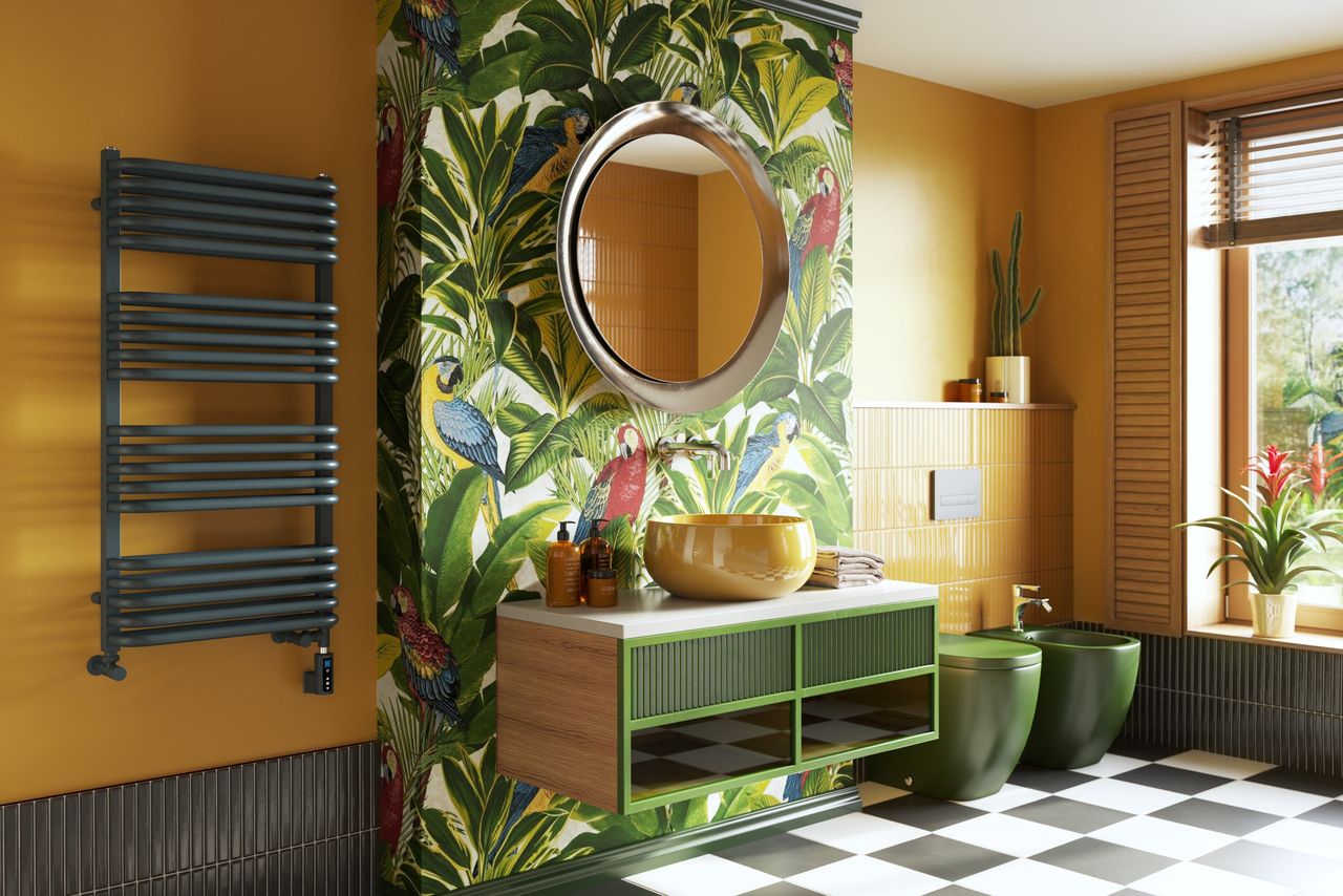 Radiator in a Vibrant Yellow Bathroom Visualization