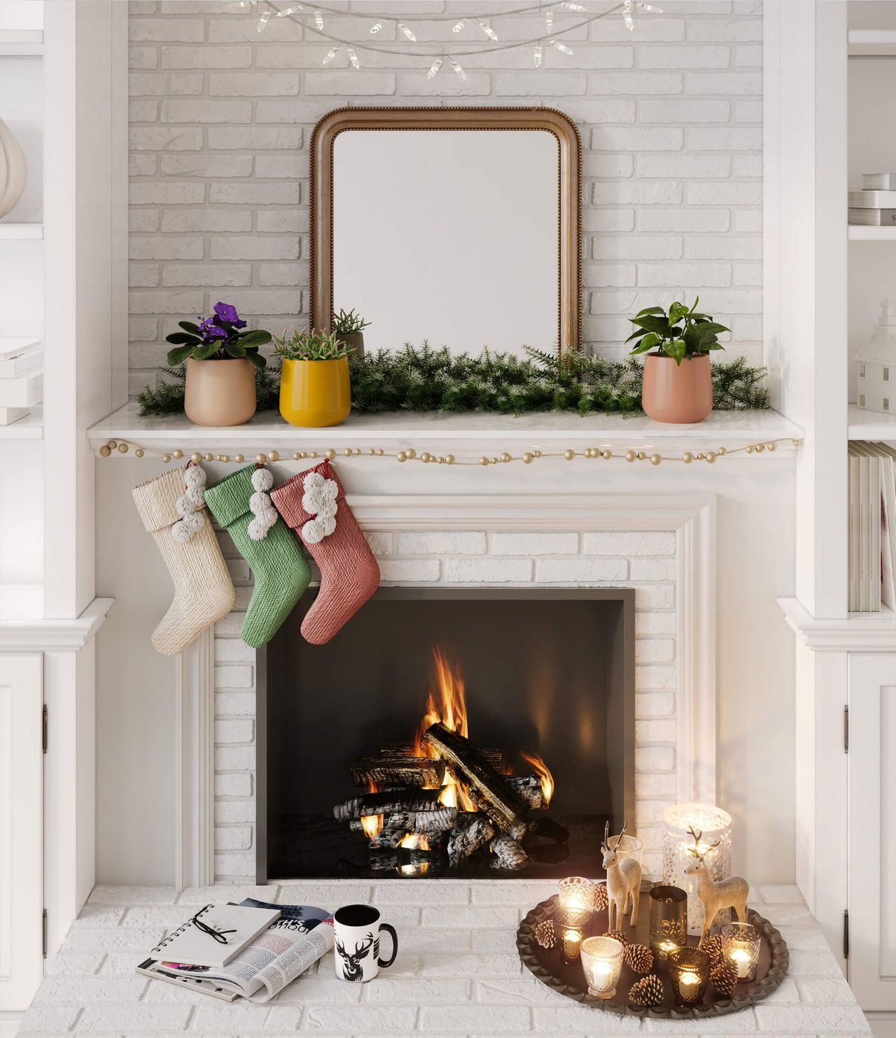 Christmas Pots on a Fireplace 3D Rendering