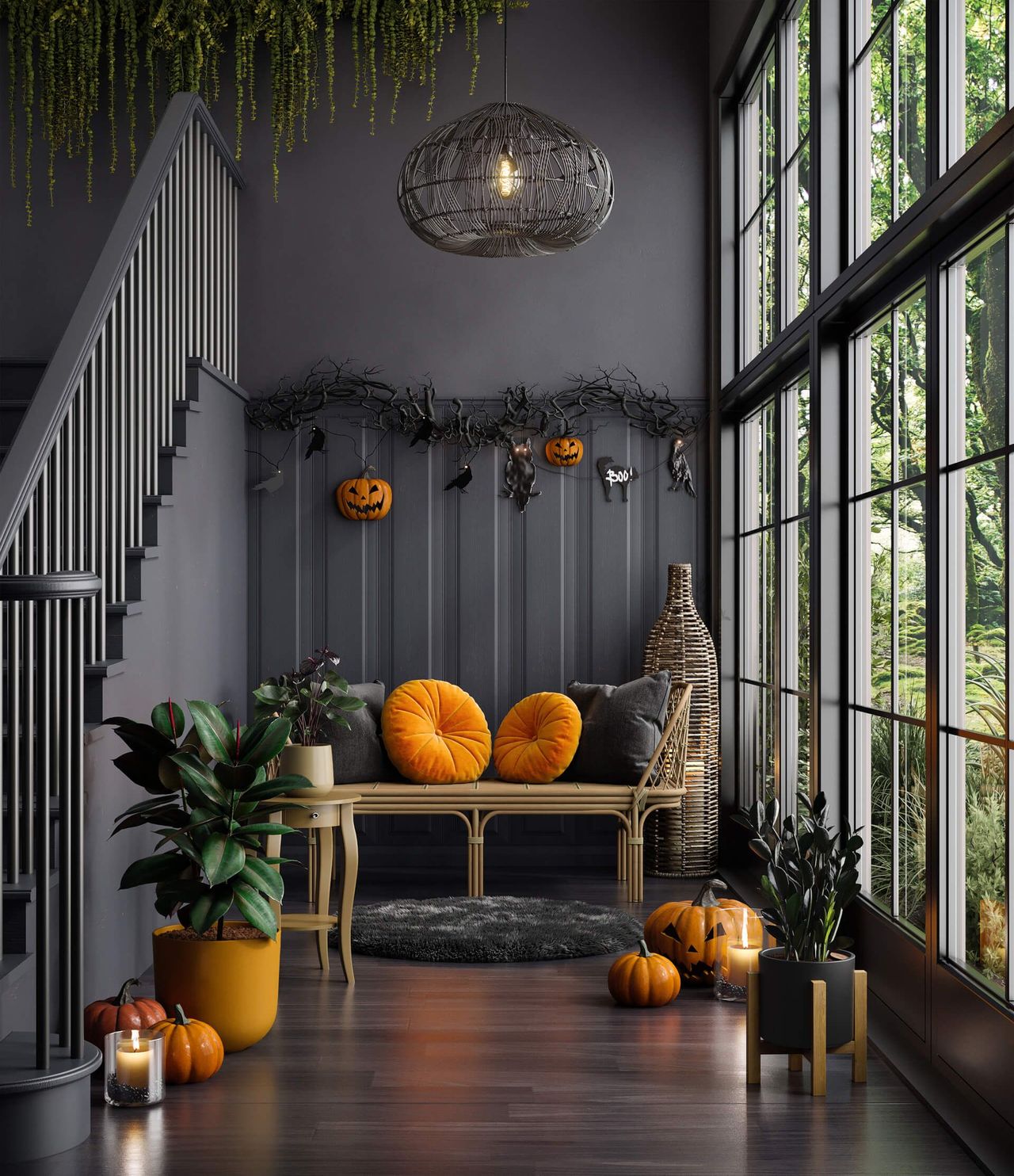 Top-notch 3D rendering of a modern interior with Halloween decorations, showcasing 3D furniture modeling and realistic product rendering.