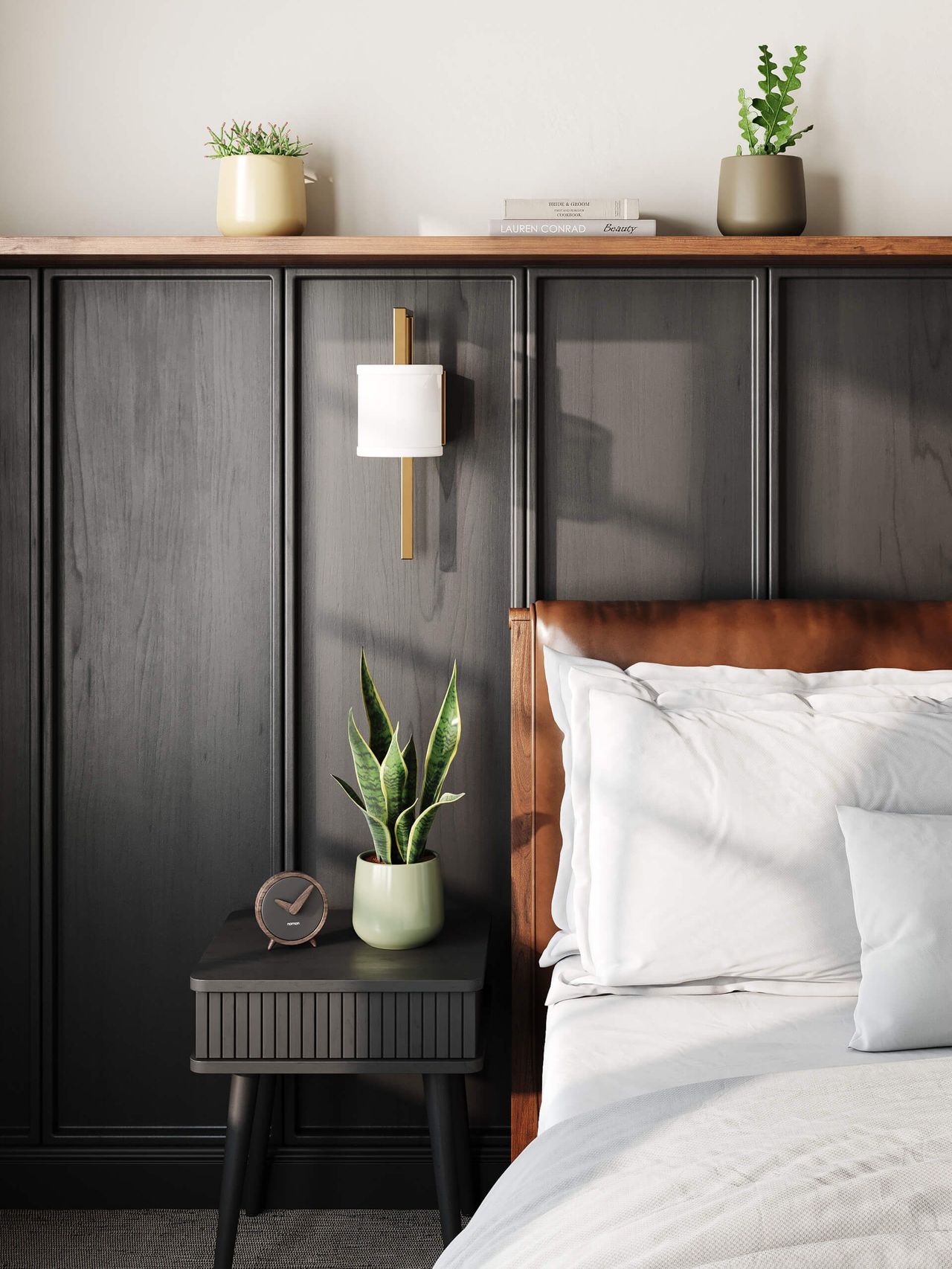 Realistic 3D rendering of a trendy bedroom showcasing house fittings visualization, including a bedside table and decor elements.