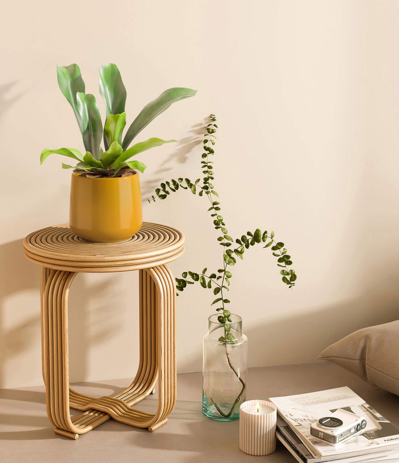 3D rendered image of a modern plant stand with a potted plant, showcasing realistic product rendering and 3D interior visualization.