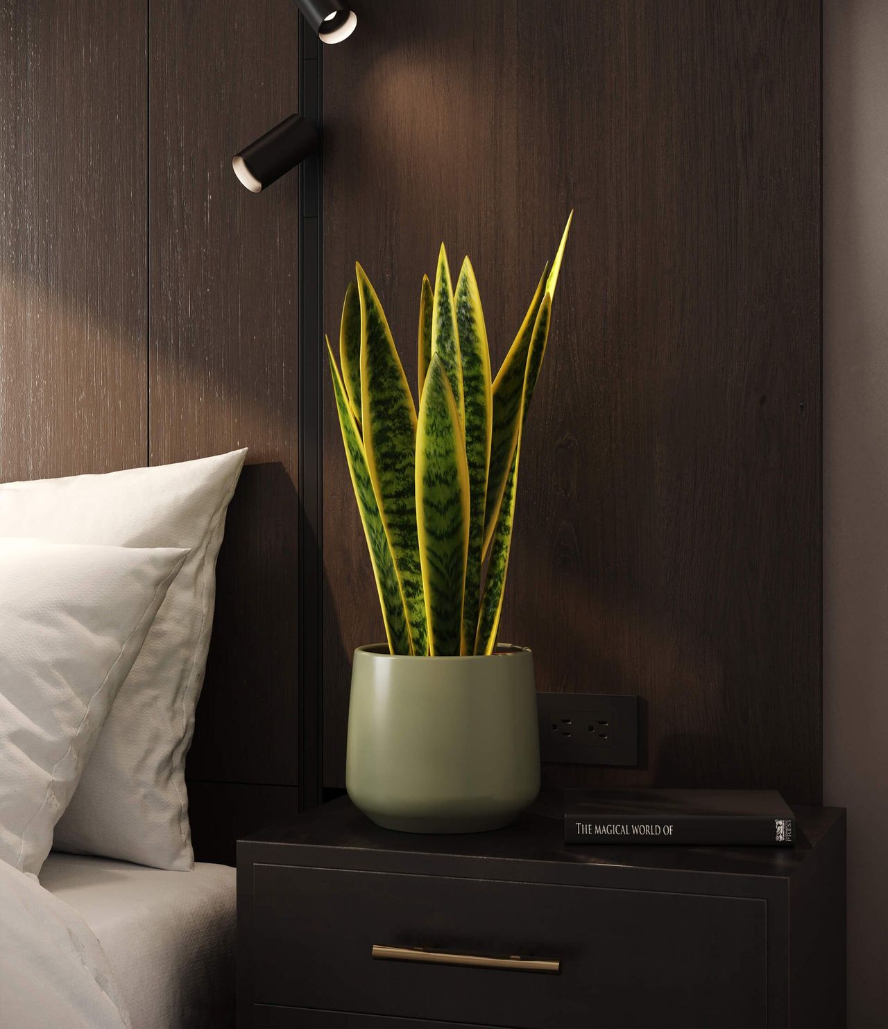 Top-notch 3D rendering of a bedroom interior featuring a potted plant on a nightstand, showcasing realistic furniture rendering and photorealistic visualization.