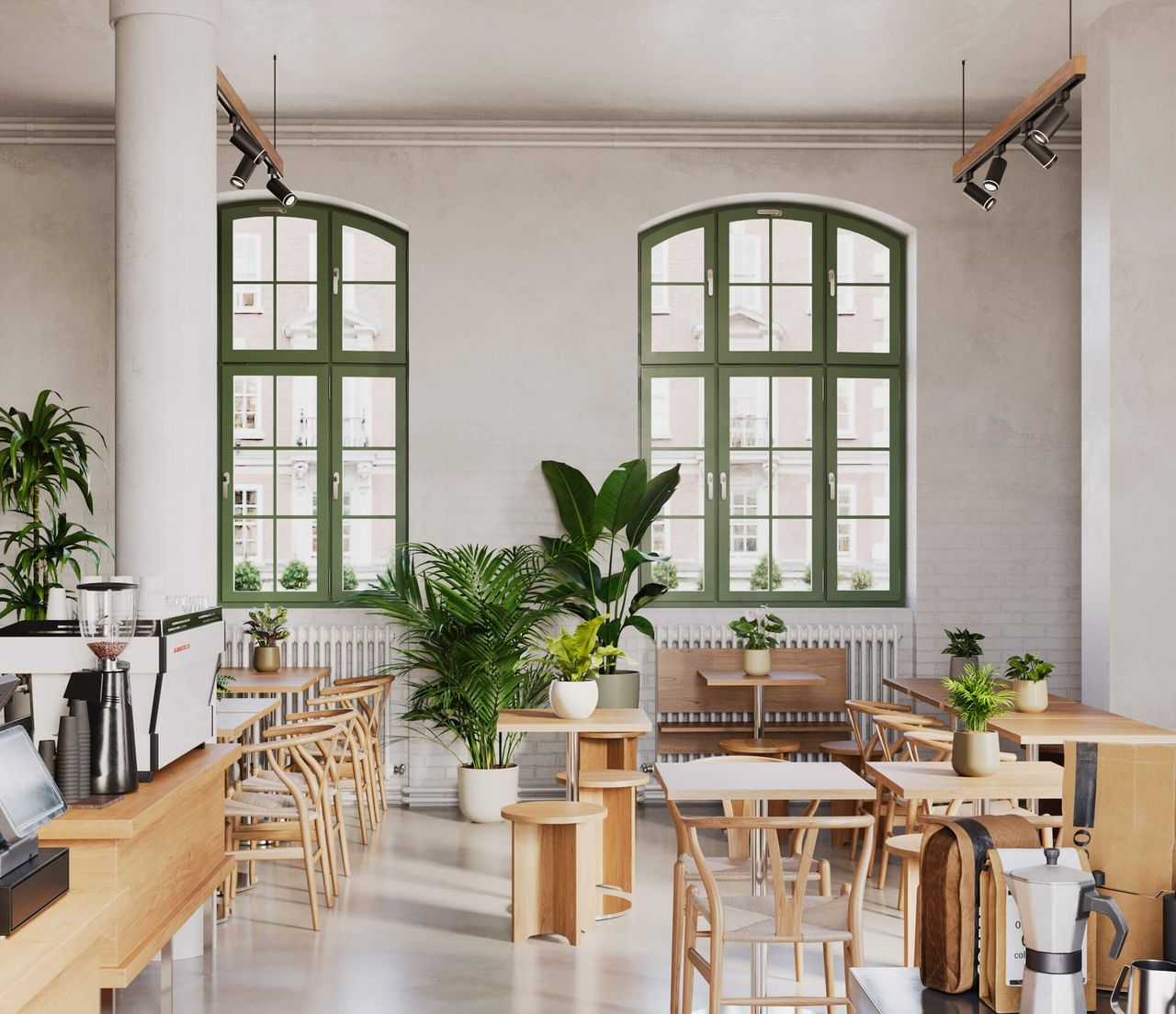 Realistic 3D rendering of a trendy cafe interior showcasing realistic house fittings and plants, highlighting 3D house fittings modeling and visualization.