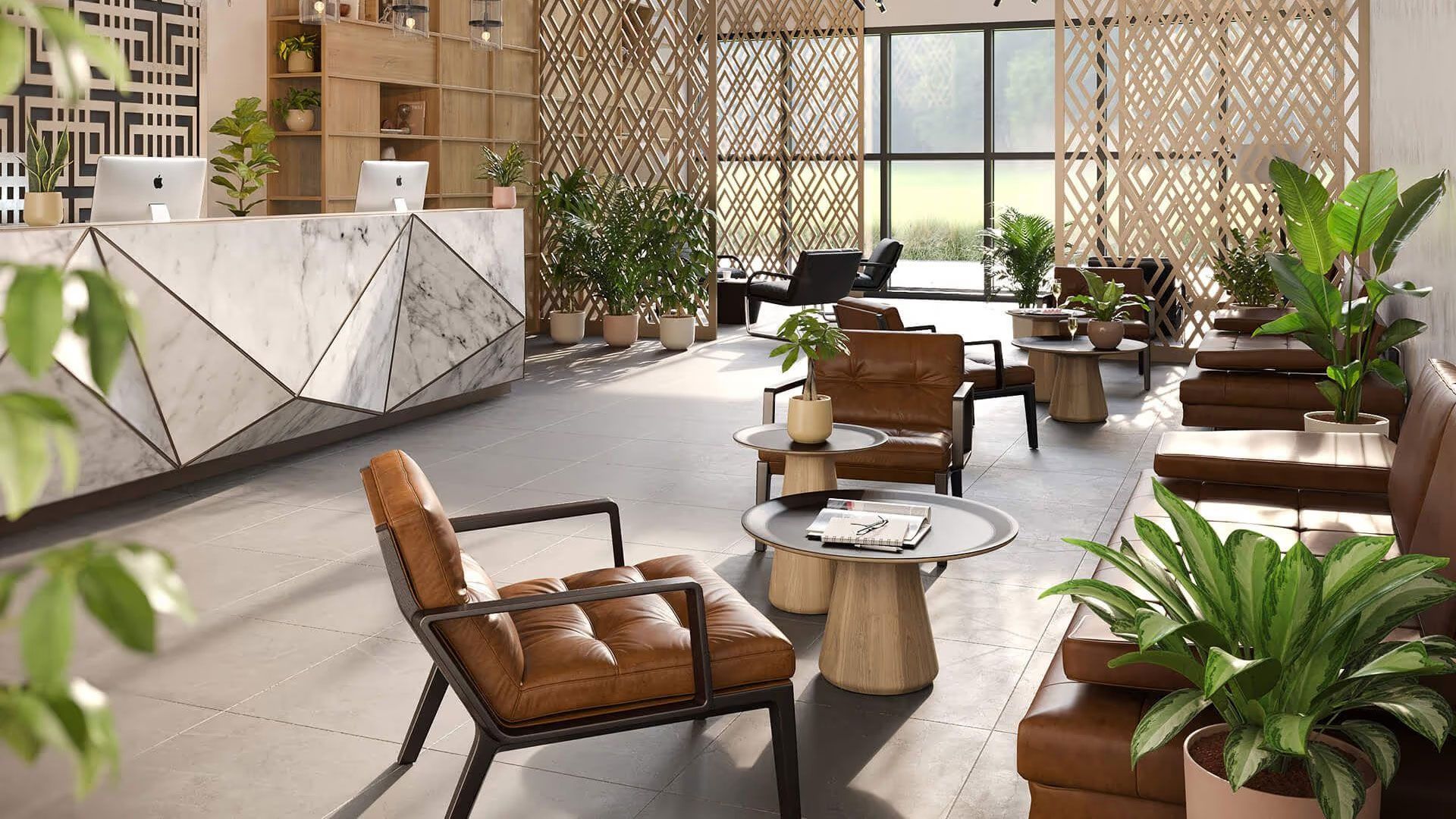 3D rendering of a modern lobby with leather chairs, marble counter, and potted plants