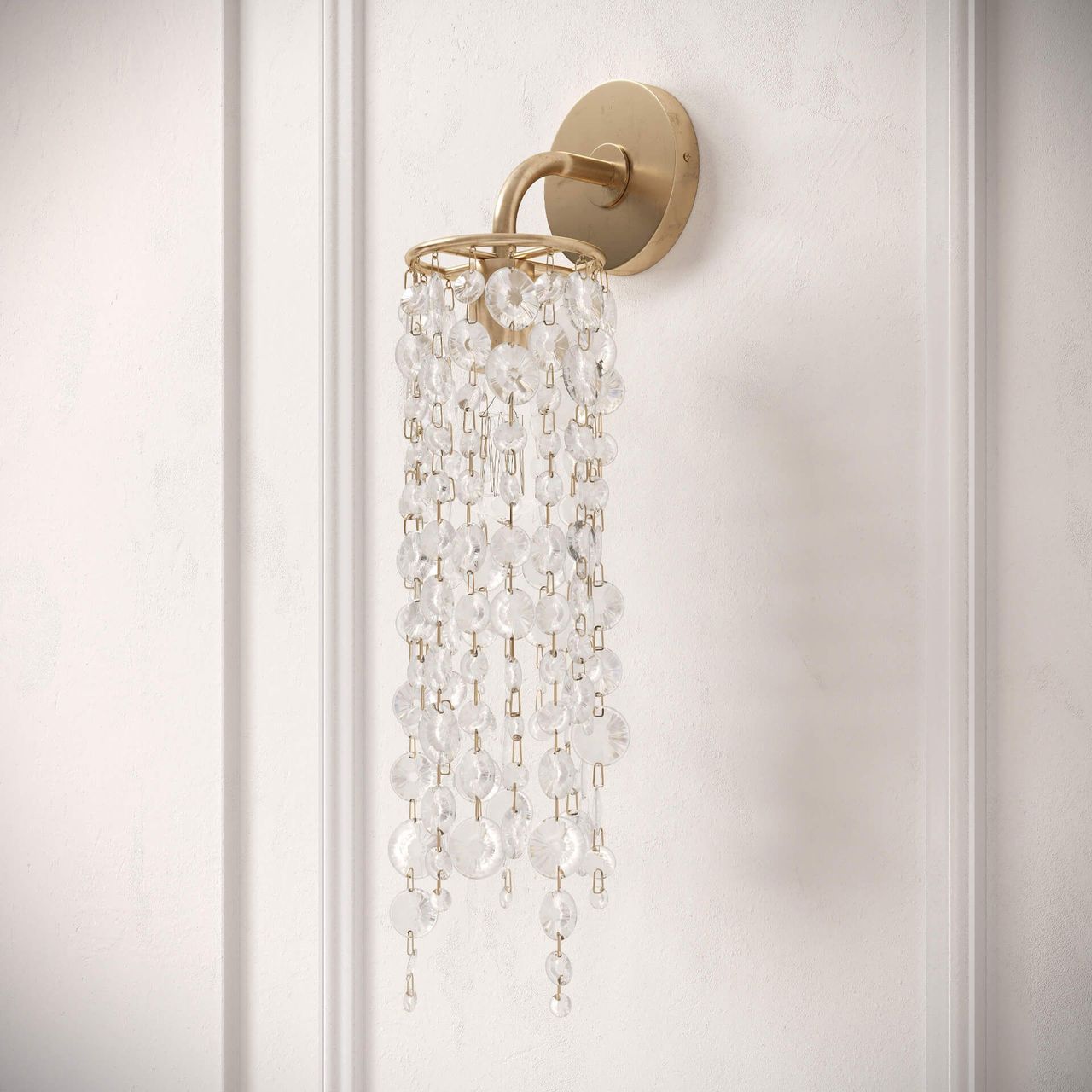 3D rendered image of a luxurious wall sconce with crystal accents, showcasing first-class 3D product visualization and photorealistic rendering.