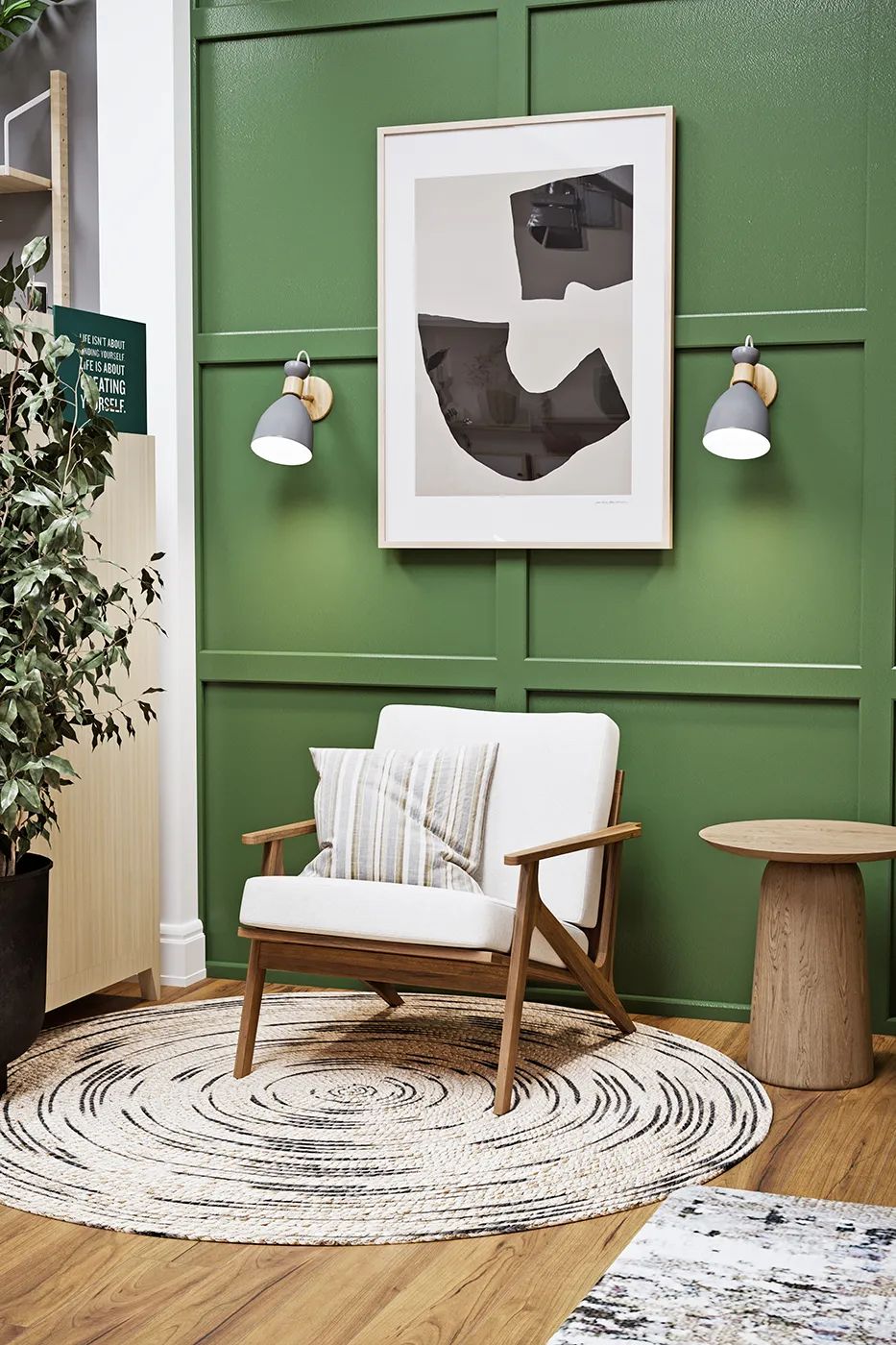 Lifestyle Rendering of a Wood and Cushion Chair