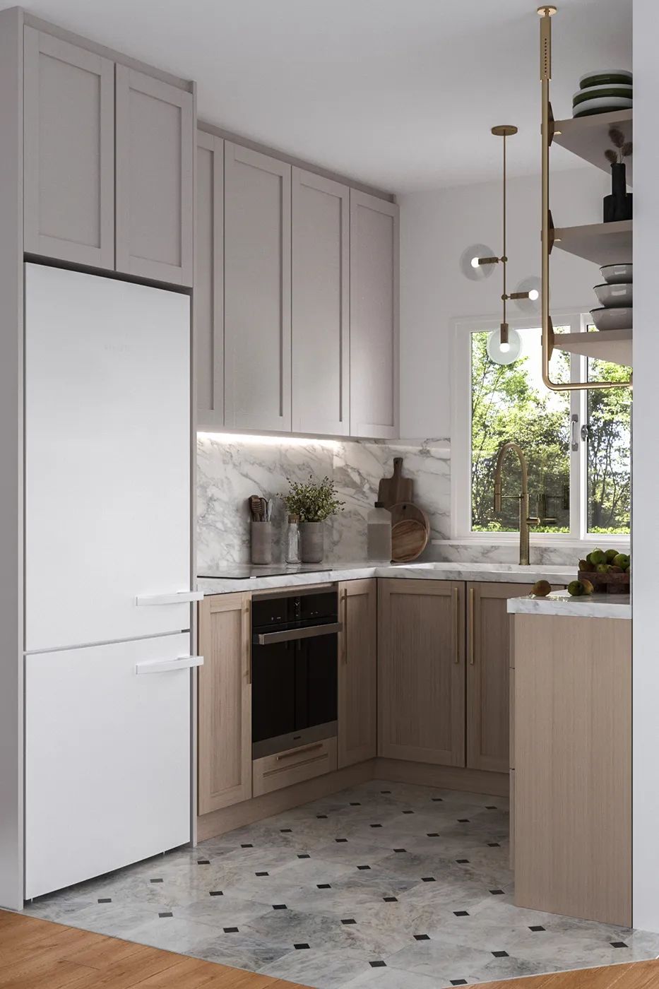 Lifestyle Rendering of a Gray and Beige Kitchen