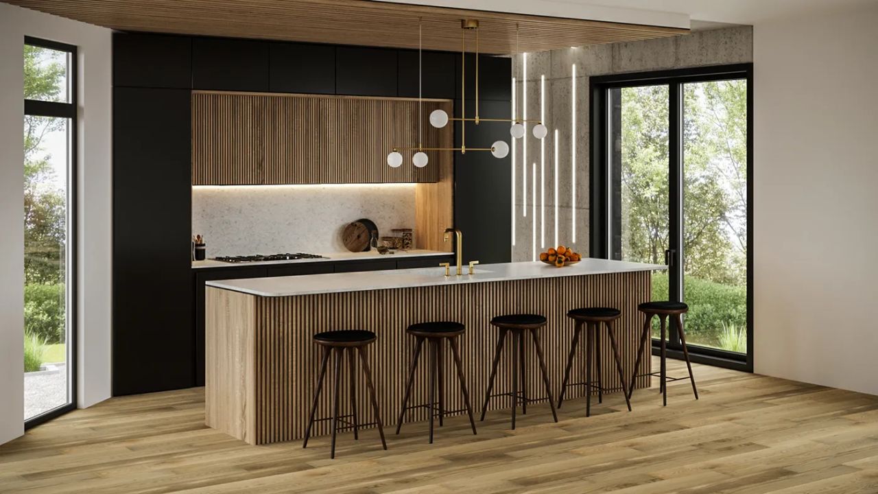 Lifestyle Rendering of a Wood Kitchen with Black Accents