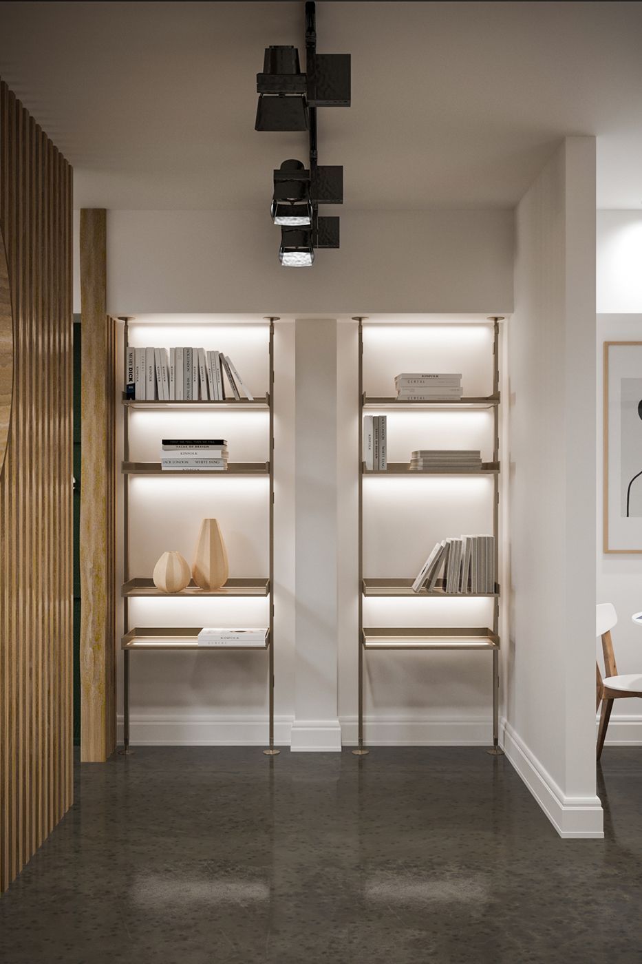Lifestyle Rendering of Shelving Units with Accent Lighting