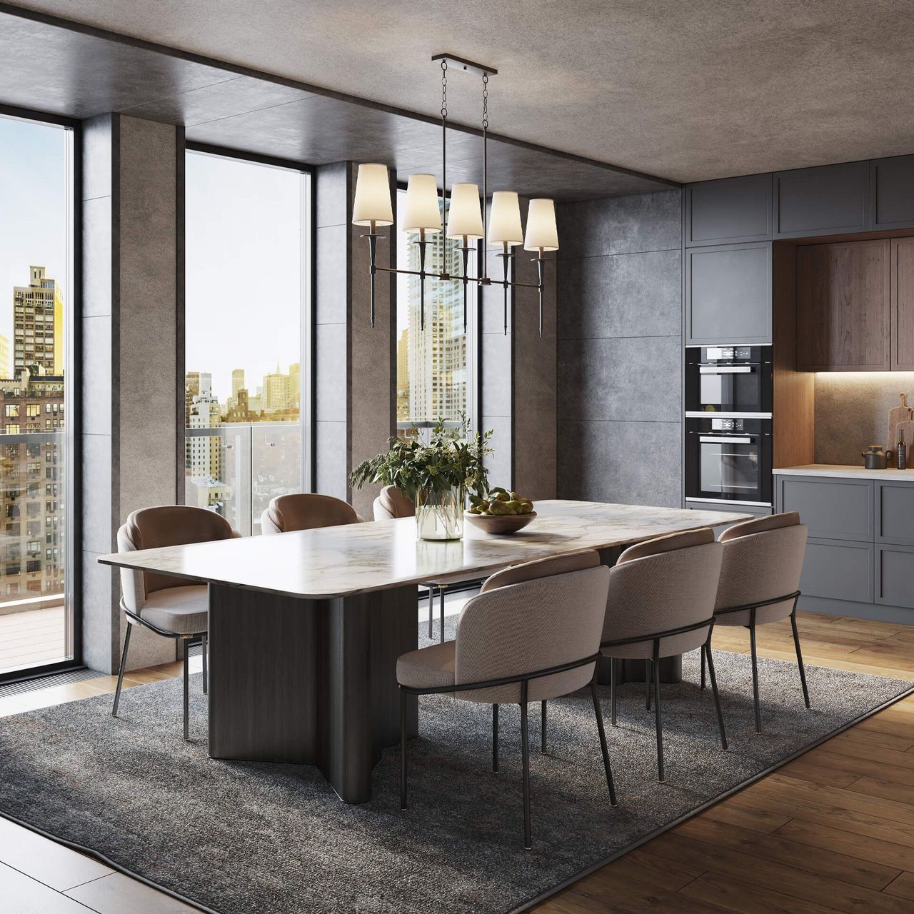 Top-notch 3D interior rendering showcasing a trendy dining room with bespoke 3D furniture modeling and photorealistic visualization.