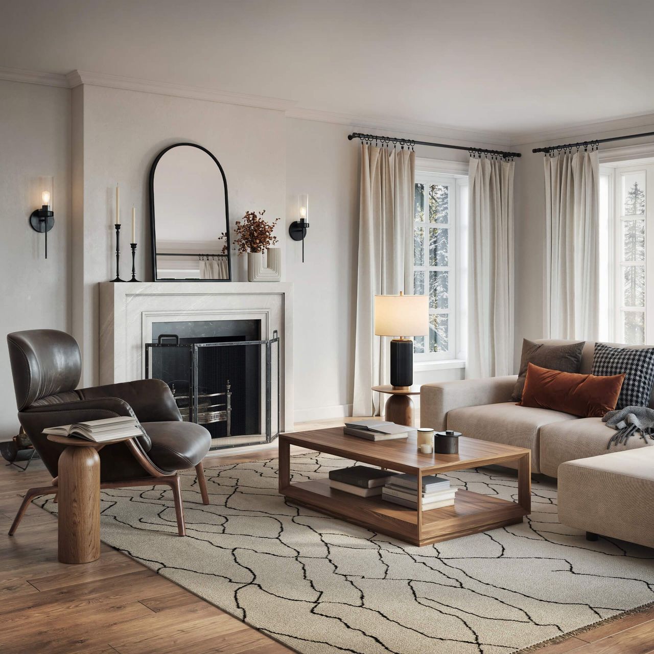 High-quality 3D furniture visualization showcasing a modern living room with realistic furniture rendering and photorealistic CGI.