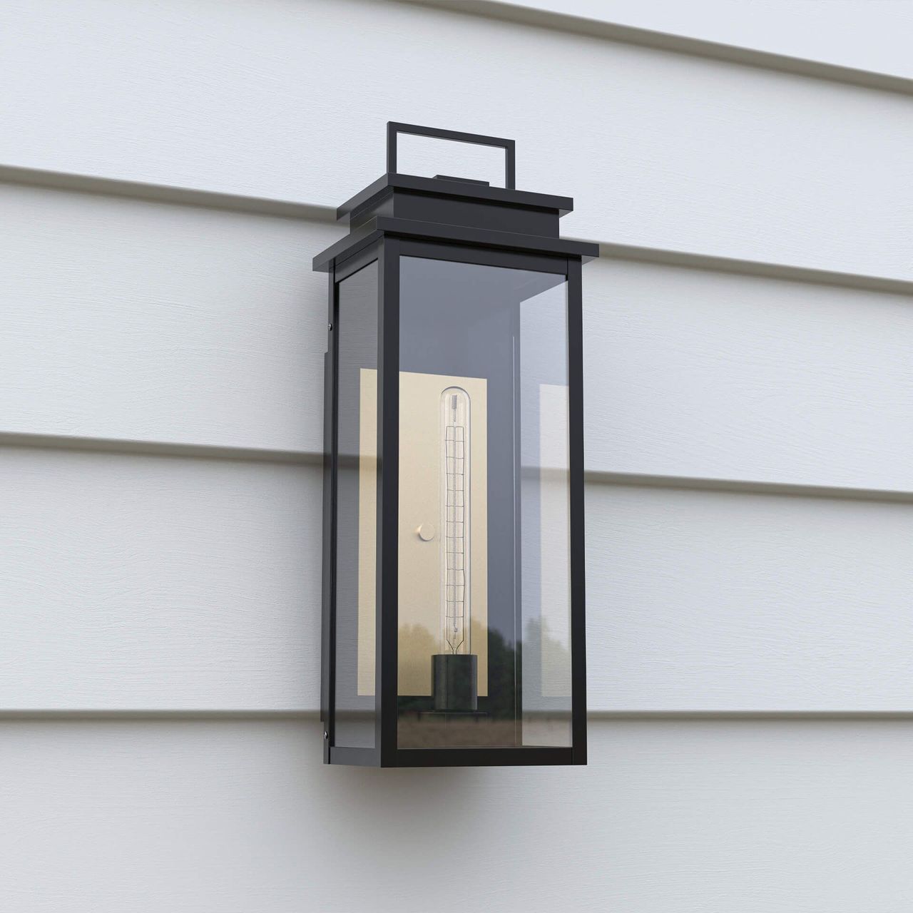Photoreal 3D rendering of a modern outdoor wall lantern, showcasing photorealistic CGI and product visualization.