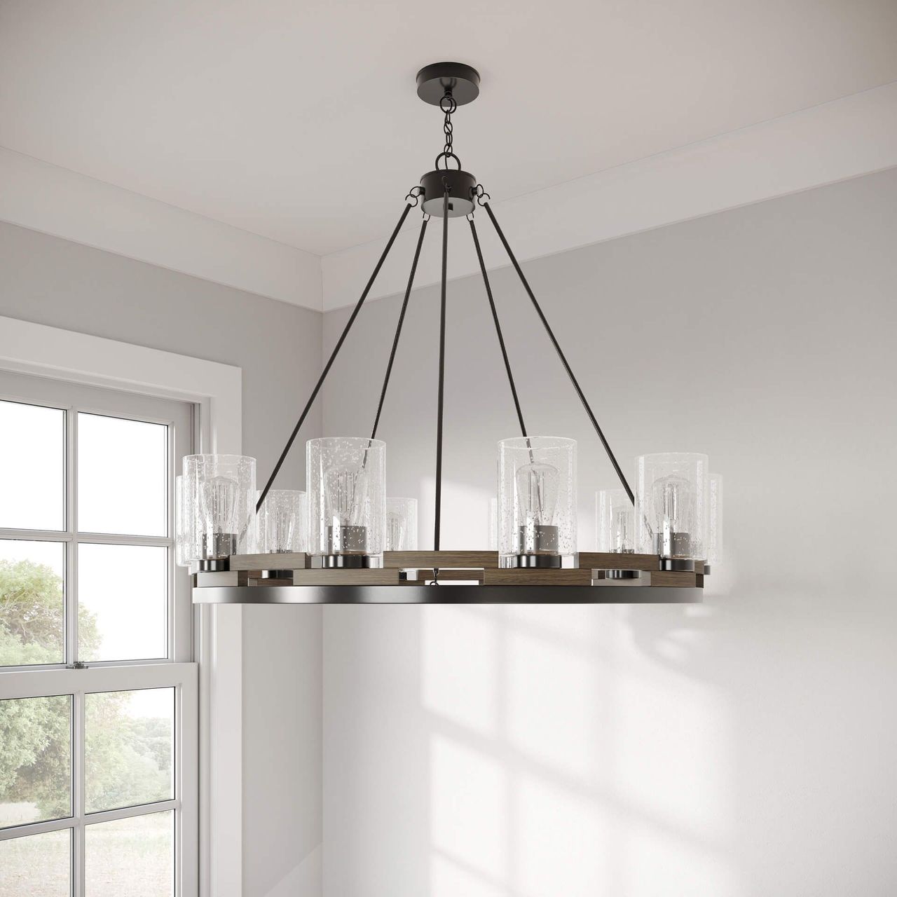 3D rendered image of a modern chandelier showcasing photorealistic interior visualization and first-class 3D modeling.