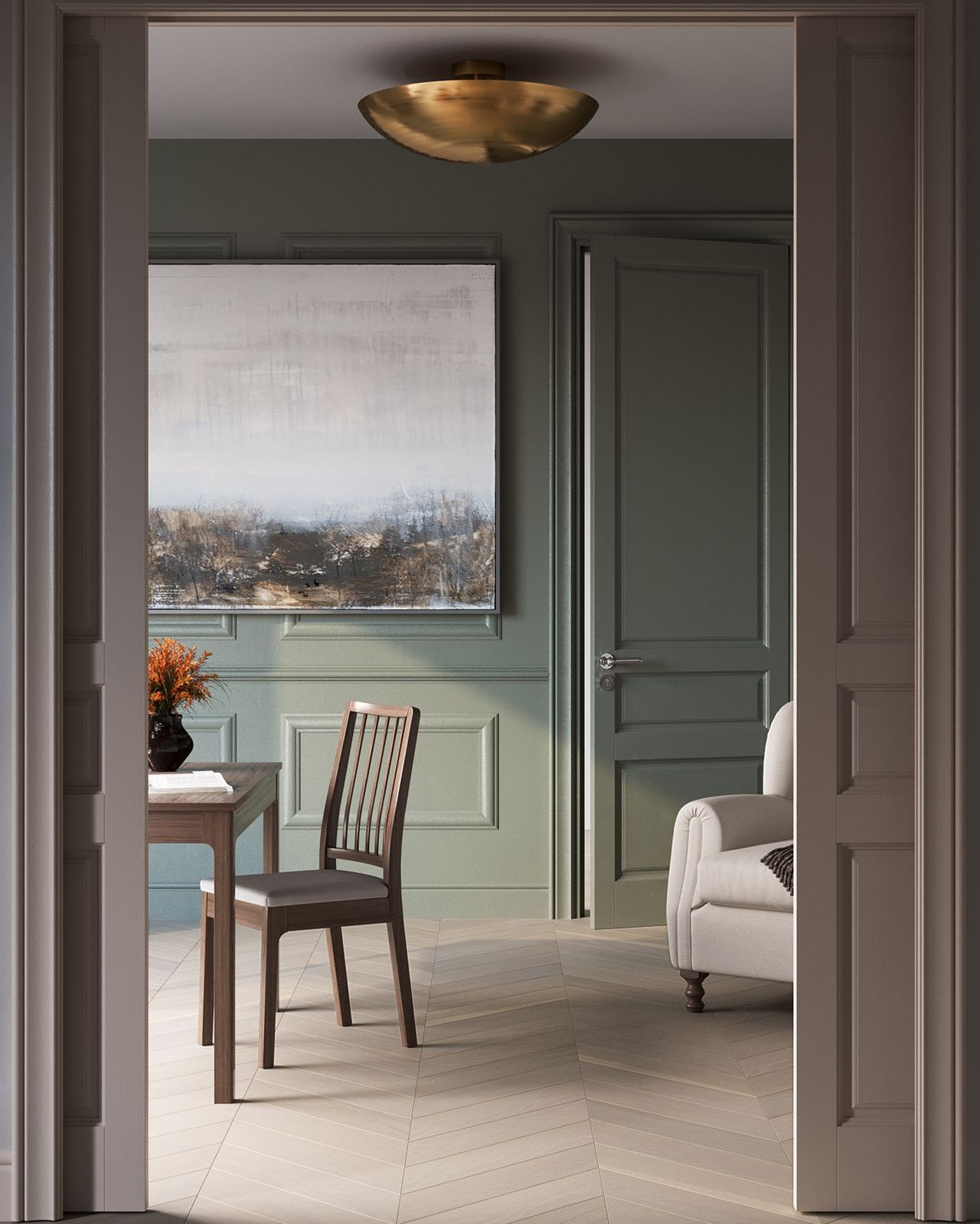 Lifestyle 3D Render of Aquila Chevron Wood Floor