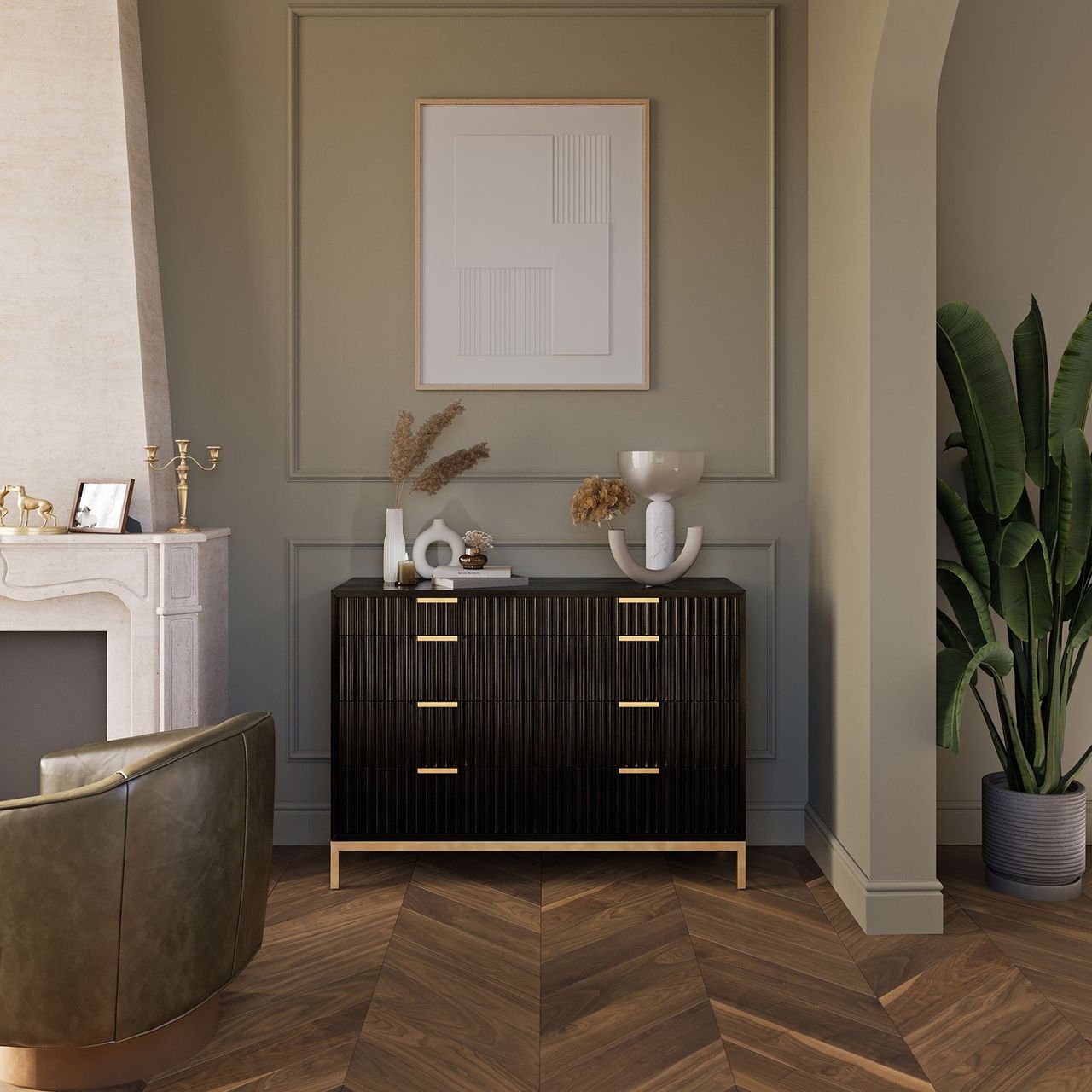 Photorealistic CGI of Walnut Chevron Parquet