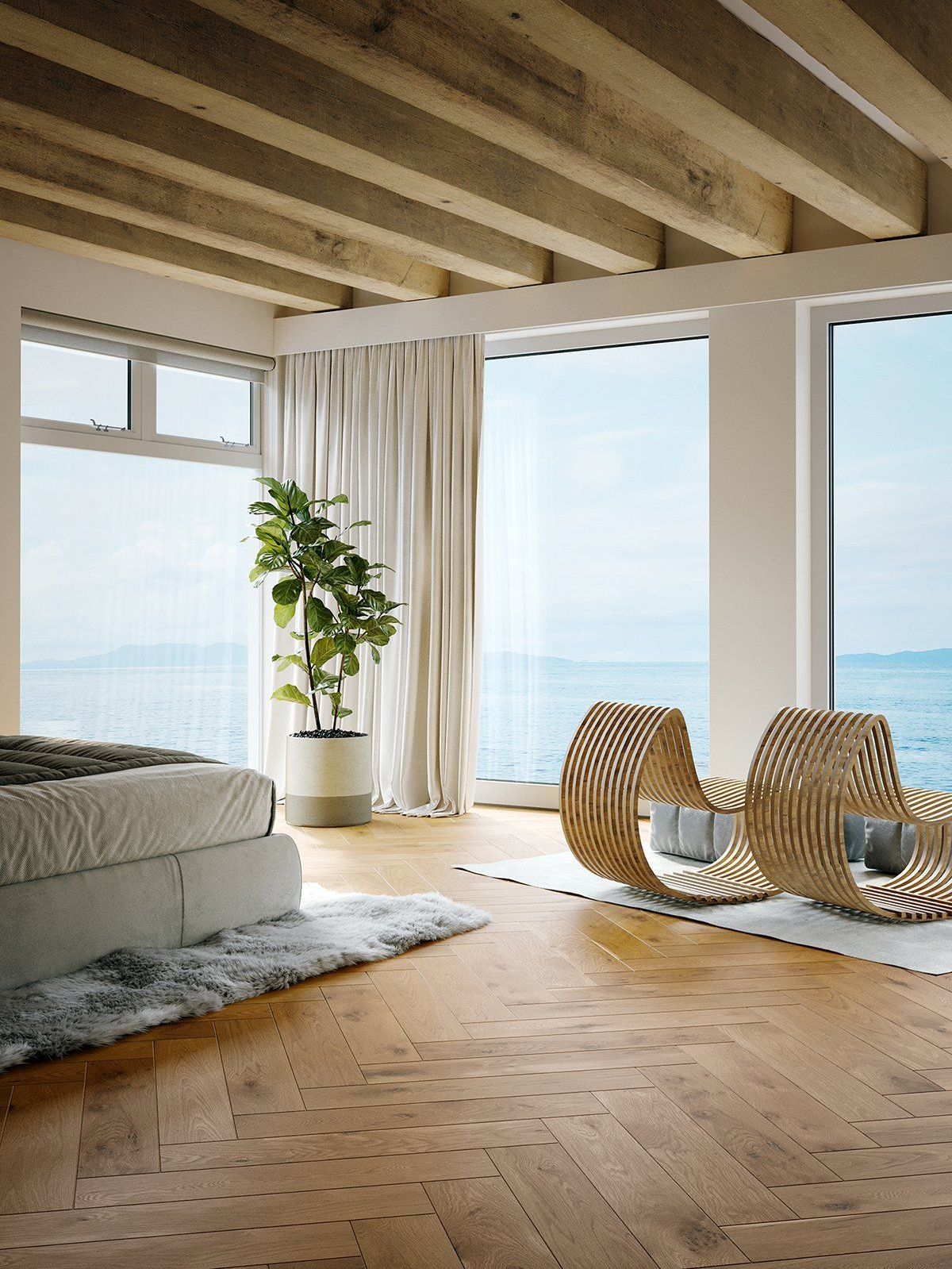 High-quality 3D rendering of a modern interior with bespoke furniture, showcasing photorealistic visualization and 3D modeling techniques.