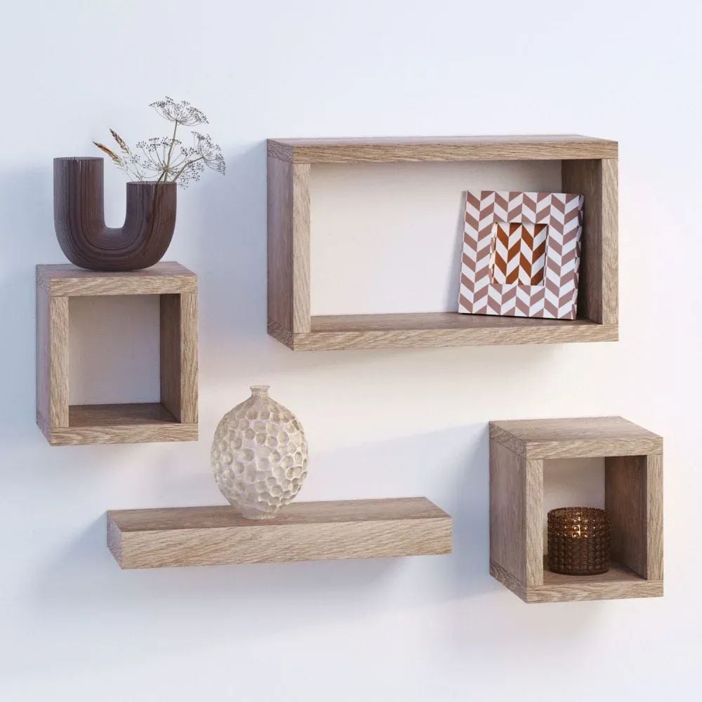 3D visualization of decorative wooden wall shelves with vases, books, and small accessories