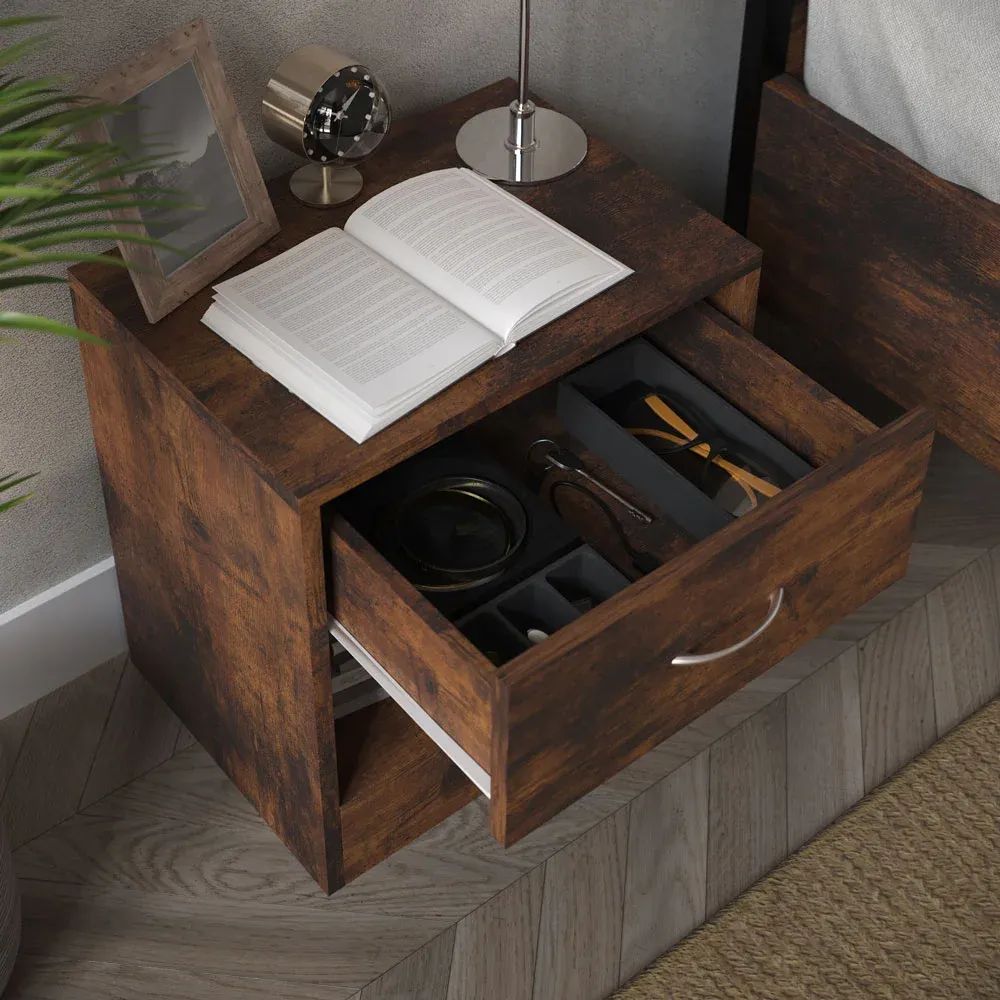 3D visualization of a wooden bedside cabinet with an open drawer showing accessories and a book
