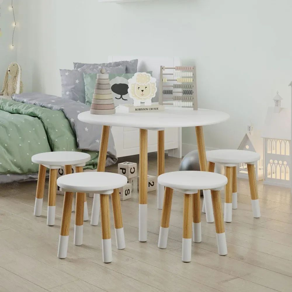 3D visualization of a children’s playroom with round white table, stools, and educational toys