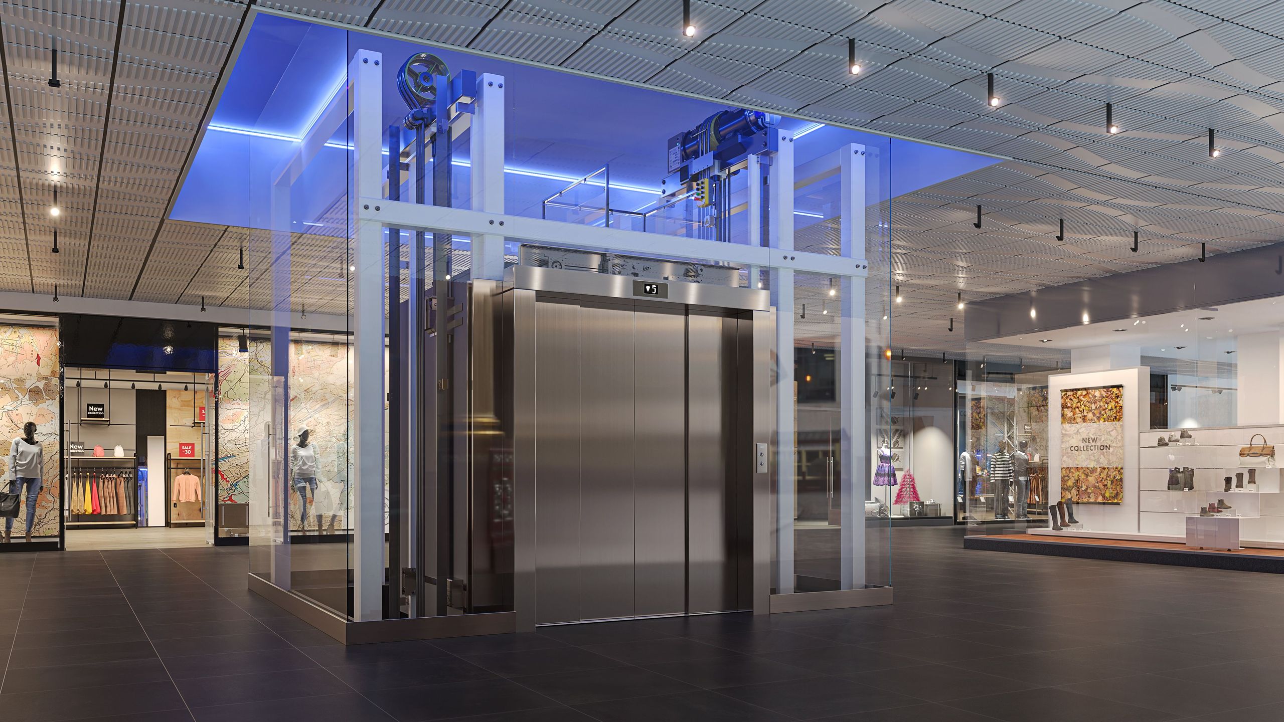 3D Visualization of a Modern Glass Elevator in a Shopping Mall