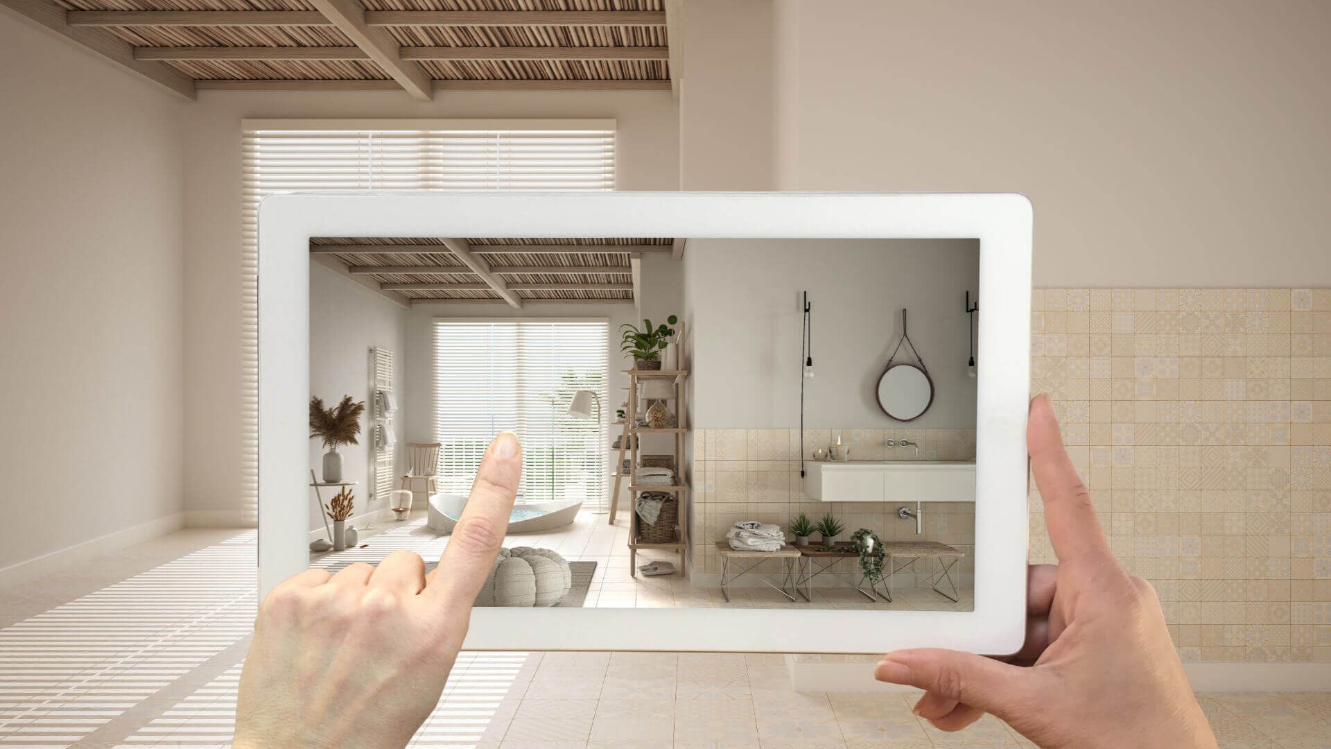 iPad showing augmented reality models of furniture in the room