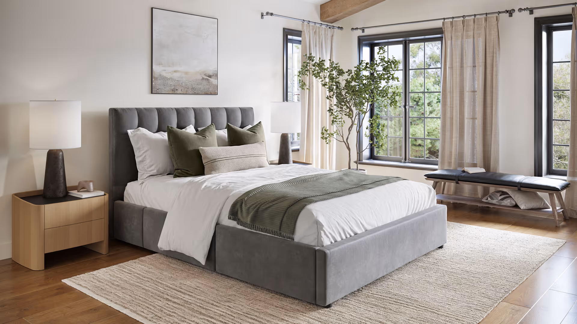 3D Bedroom Visualization with Gray Bed, Green Accents, and Large Windows
