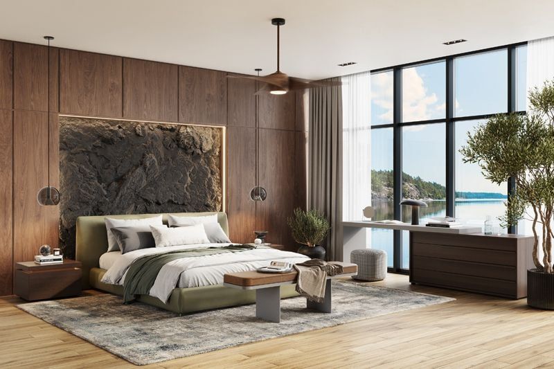 3D Render for contemporary bedroom with upholstered bed, nightstands, and floor-to-ceiling curtains