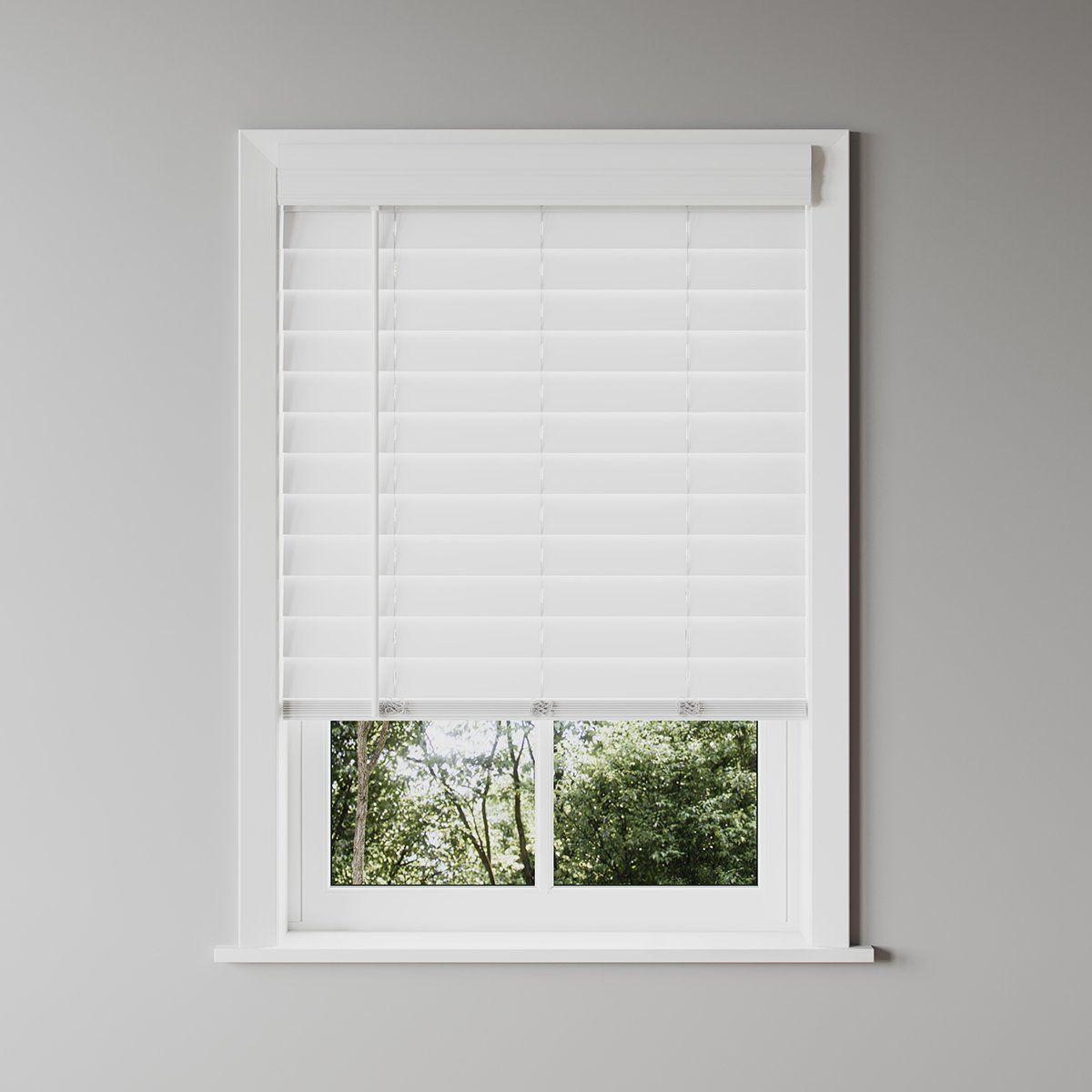 Photorealistic 3D rendering of white window blinds showcasing 3D interior visualization and realistic product rendering.