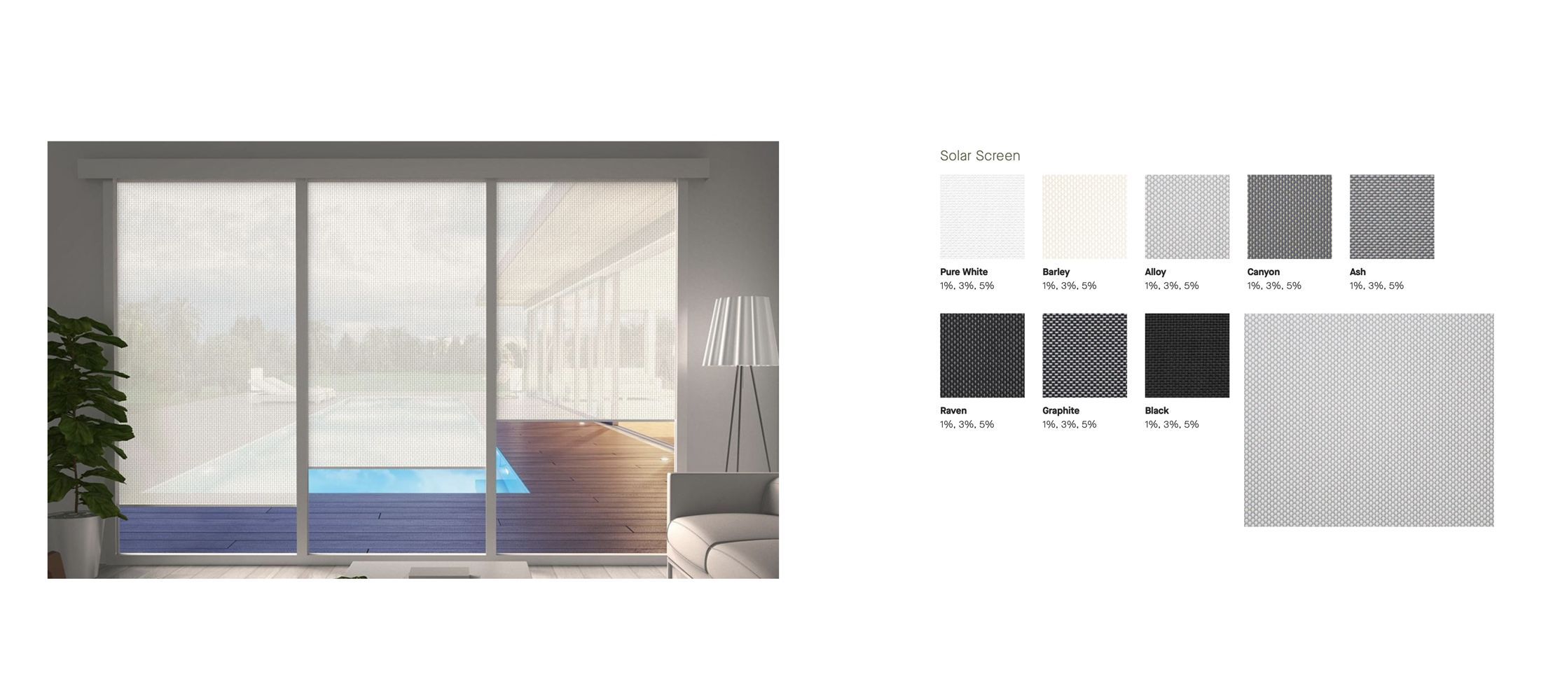 3D rendering of solar screen blinds with fabric options, showcasing 3D furniture modeling and interior visualization.