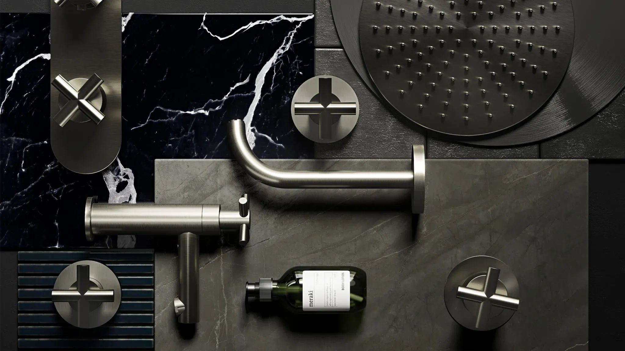 Sophisticated Flatlay 3D Render for Bathroom Fixtures