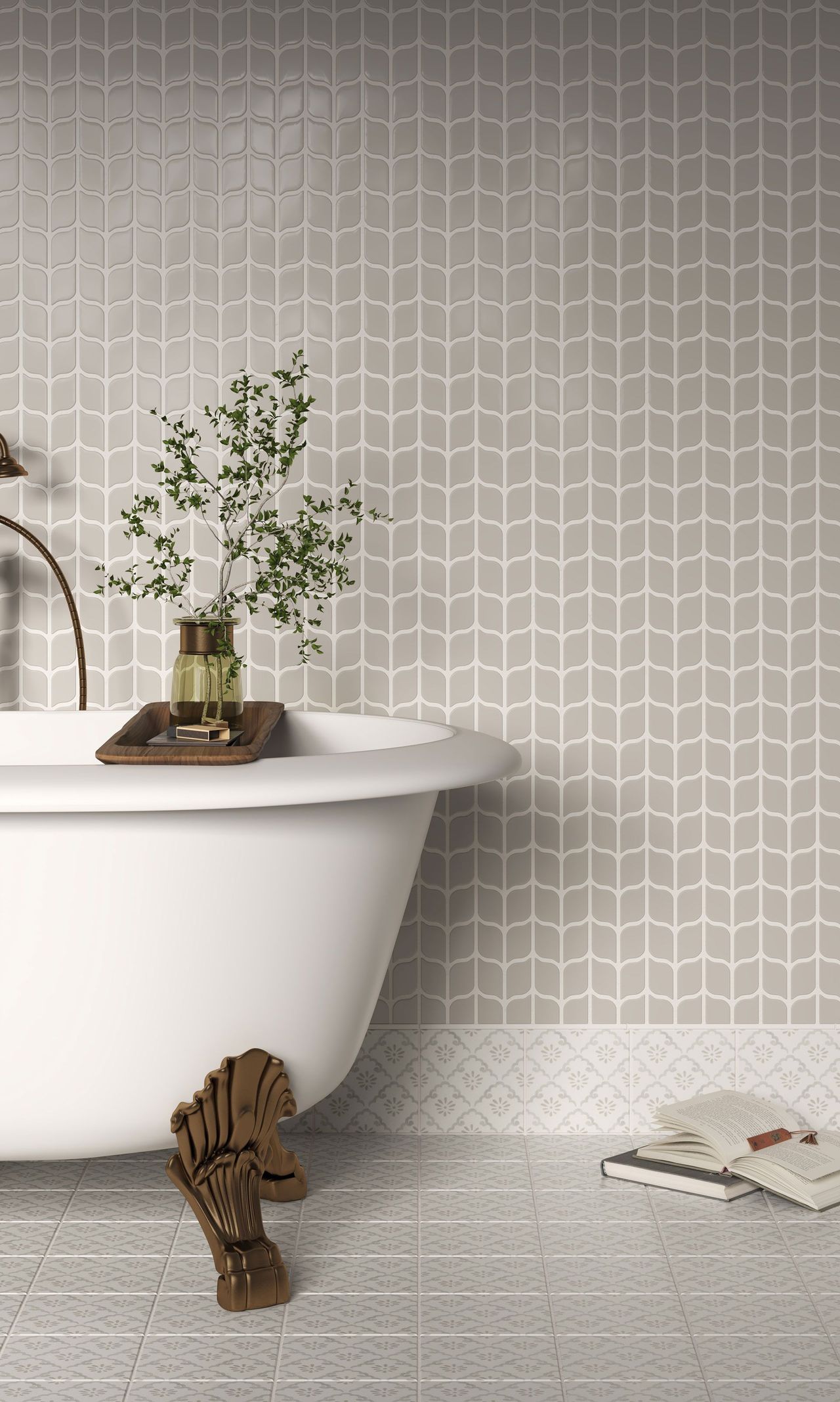 Product rendering of floor and wall tile in a vintage clawfoot tub bathroom setting