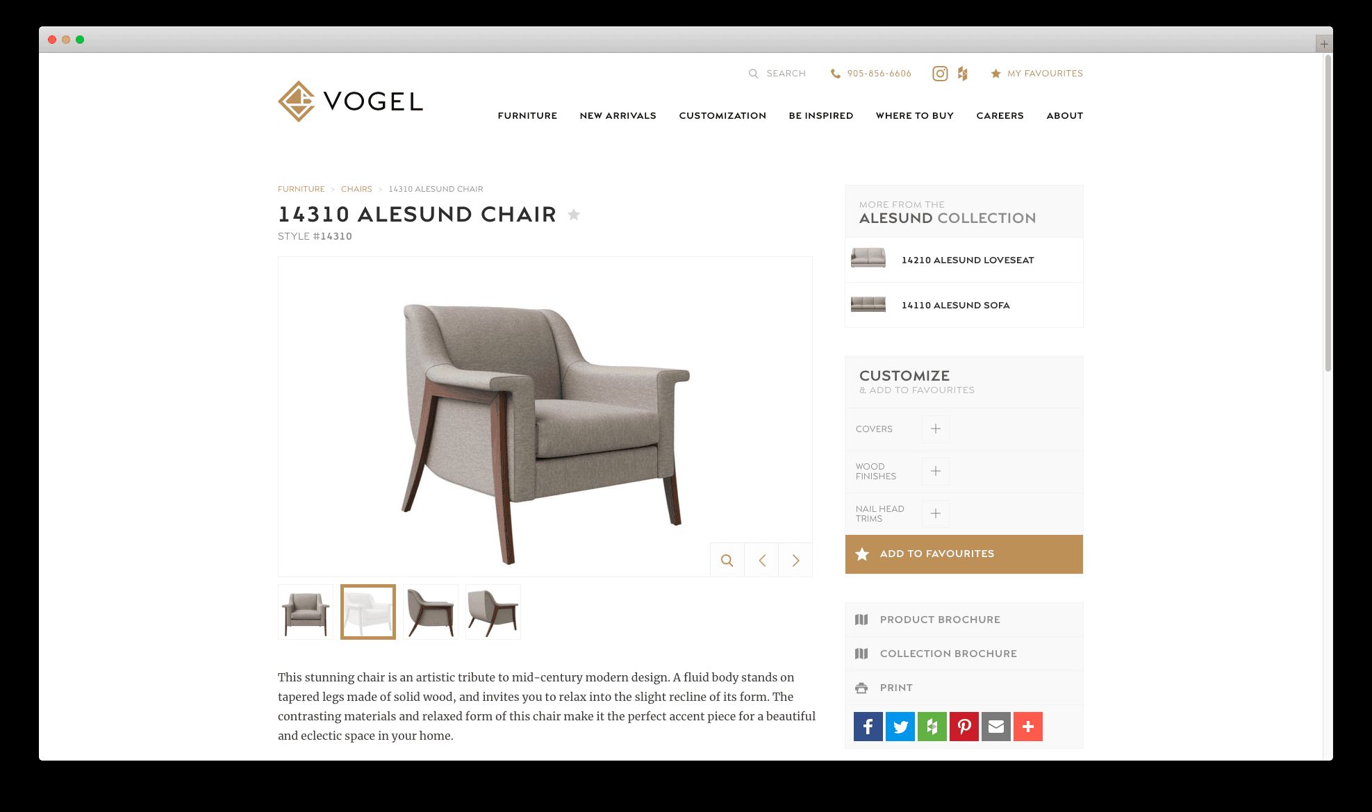 3D rendering of the Alesund chair displayed on the Vogel Furniture product page
