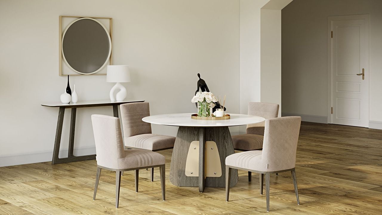 Photorealistic 3D rendering of a modern dining room with bespoke furniture, showcasing 3D furniture modeling and visualization.