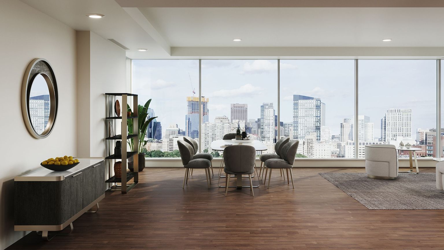 High-quality 3D interior rendering showcasing modern furniture and cityscape view, featuring 3D furniture modeling and visualization.