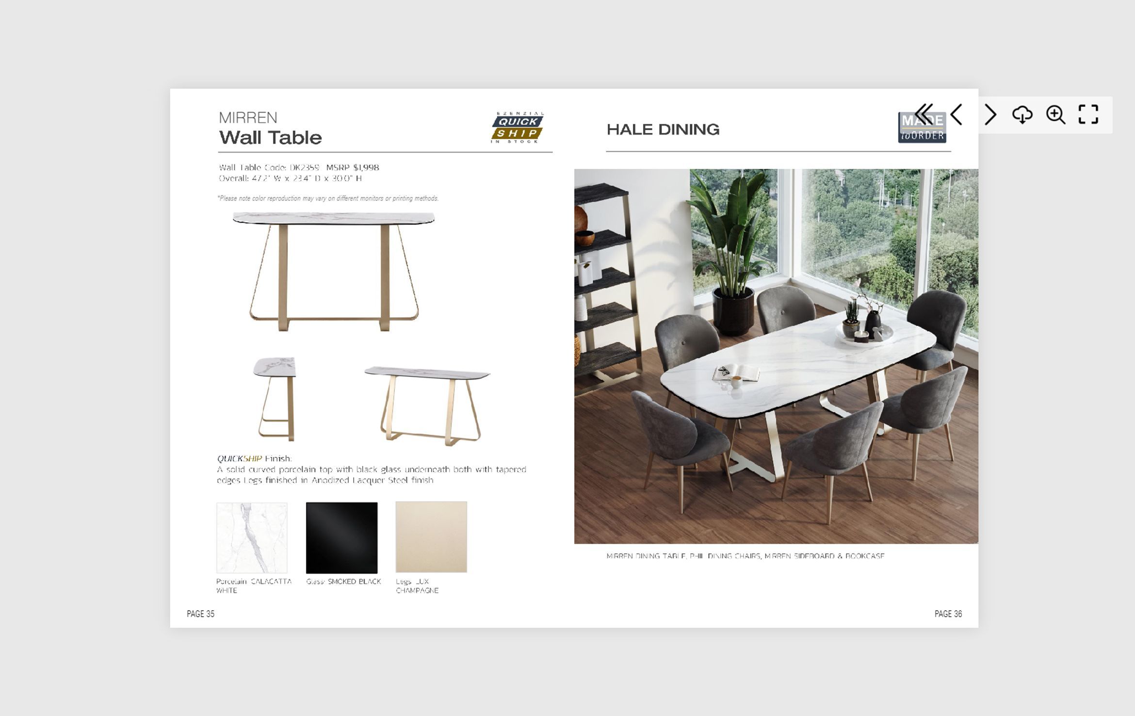3D furniture visualization showcasing Mirren wall table and Hale dining set with photorealistic rendering