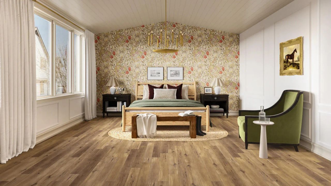Bedroom with floral wallpaper, cozy decor and wood flooring 3D visualization